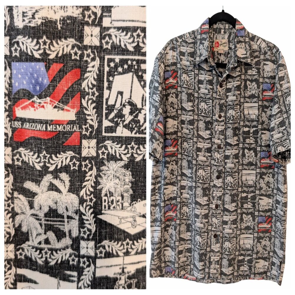 Hilo Hattie Vintage Mens Sz M USS Arizona Memorial Reverse Print Button Up Shirt